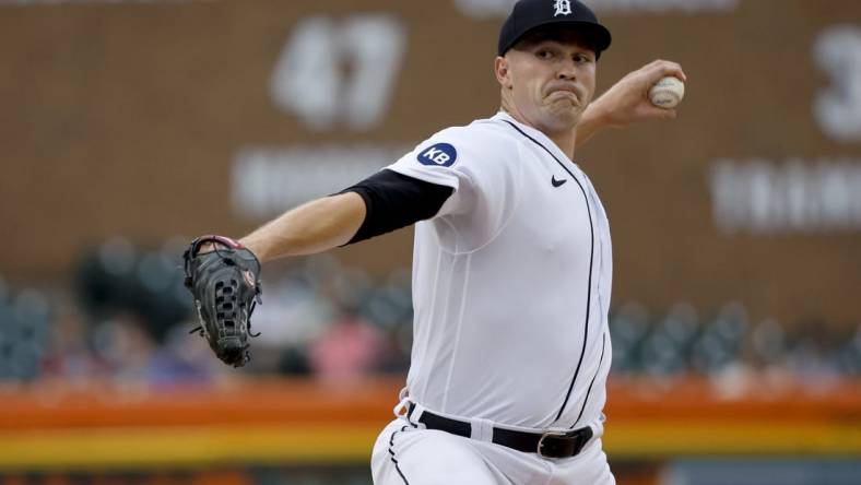 Jun 1, 2022; Detroit, Michigan, USA;  Detroit Tigers starting pitcher Tarik Skubal (29) pitches against the Minnesota Twins in the first inning at Comerica Park. Mandatory Credit: Rick Osentoski-USA TODAY Sports