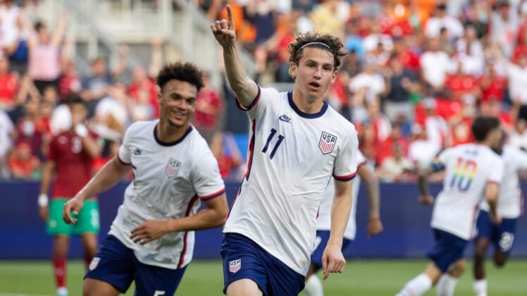 Jun 1, 2022; Cincinnati, Ohio, USA; the United States forward Brenden Aaronson (11) celebrates his goal with the defender Antonee Robinson (5) during an International friendly against the Morocco soccer match at TQL Stadium. Mandatory Credit: Trevor Ruszkowski-USA TODAY Sports