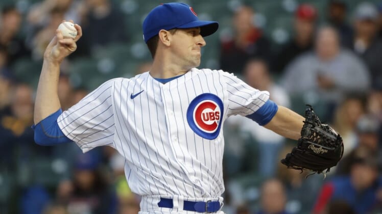Jun 1, 2022; Chicago, Illinois, USA; Chicago Cubs starting pitcher Kyle Hendricks (28) delivers against the Milwaukee Brewers during the second inning at Wrigley Field. Mandatory Credit: Kamil Krzaczynski-USA TODAY Sports