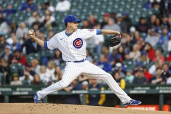 Jun 1, 2022; Chicago, Illinois, USA; Chicago Cubs starting pitcher Kyle Hendricks (28) delivers against the Milwaukee Brewers during the second inning at Wrigley Field. Mandatory Credit: Kamil Krzaczynski-USA TODAY Sports