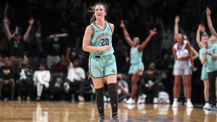 Jun 1, 2022; Brooklyn, New York, USA; New York Liberty guard Sabrina Ionescu (20) celebrate after the Indiana Fever call timeout in the fourth quarter at Barclays Center. Mandatory Credit: Wendell Cruz-USA TODAY Sports