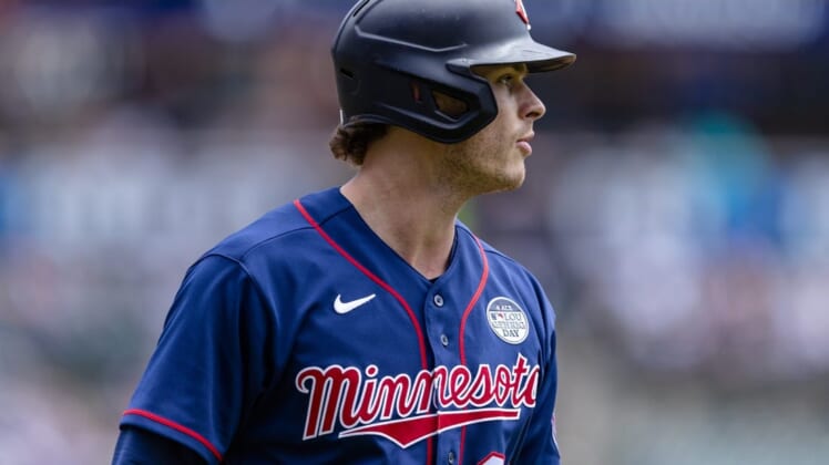 Jun 2, 2022; Detroit, Michigan, USA; Minnesota Twins designated hitter Max Kepler (26) walks back to the dugout after an at bat during the first inning against the Detroit Tigers at Comerica Park. Mandatory Credit: Raj Mehta-USA TODAY Sports
