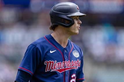 Jun 2, 2022; Detroit, Michigan, USA; Minnesota Twins designated hitter Max Kepler (26) walks back to the dugout after an at bat during the first inning against the Detroit Tigers at Comerica Park. Mandatory Credit: Raj Mehta-USA TODAY Sports