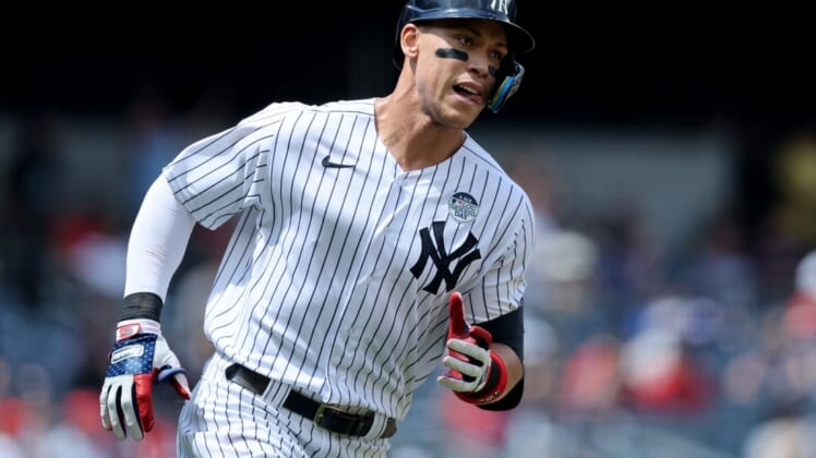 Jun 2, 2022; Bronx, New York, USA; New York Yankees center fielder Aaron Judge (99) rounds the bases after hitting a solo home run against the Los Angeles Angels during the third inning at Yankee Stadium. Mandatory Credit: Brad Penner-USA TODAY Sports