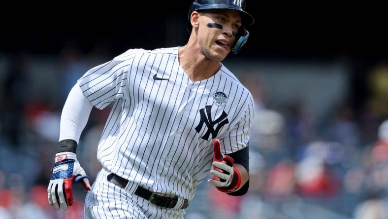 Jun 2, 2022; Bronx, New York, USA; New York Yankees center fielder Aaron Judge (99) rounds the bases after hitting a solo home run against the Los Angeles Angels during the third inning at Yankee Stadium. Mandatory Credit: Brad Penner-USA TODAY Sports