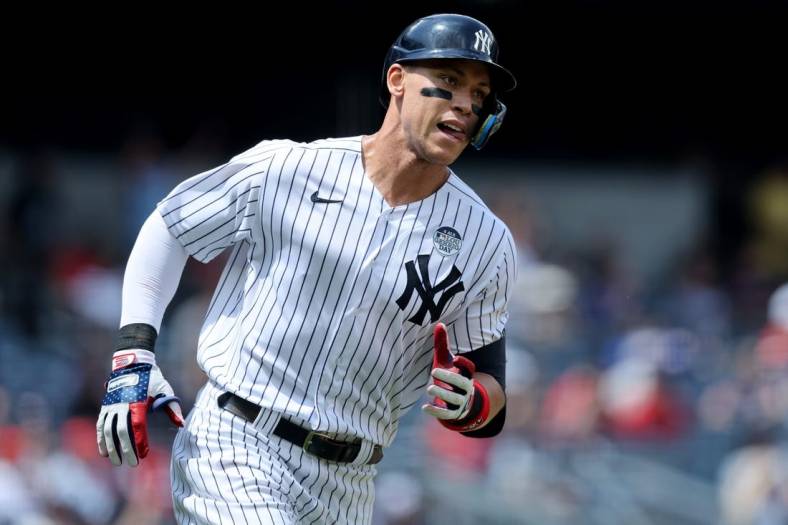 Jun 2, 2022; Bronx, New York, USA; New York Yankees center fielder Aaron Judge (99) rounds the bases after hitting a solo home run against the Los Angeles Angels during the third inning at Yankee Stadium. Mandatory Credit: Brad Penner-USA TODAY Sports