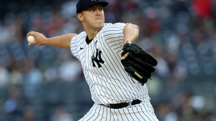 Jun 2, 2022; Bronx, New York, USA; New York Yankees starting pitcher Jameson Taillon (50) pitches against the Los Angeles Angels during the first inning at Yankee Stadium. Mandatory Credit: Brad Penner-USA TODAY Sports