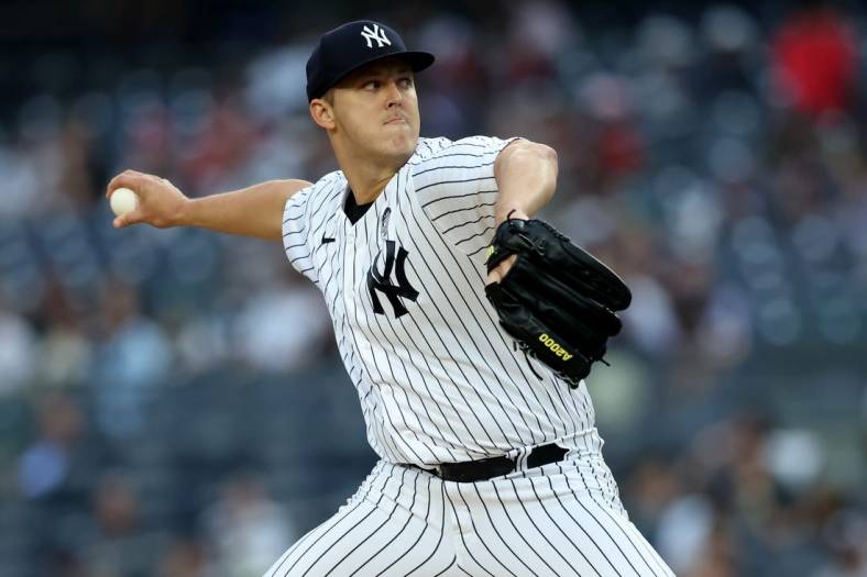 Jun 2, 2022; Bronx, New York, USA; New York Yankees starting pitcher Jameson Taillon (50) pitches against the Los Angeles Angels during the first inning at Yankee Stadium. Mandatory Credit: Brad Penner-USA TODAY Sports