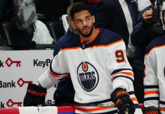 Jun 2, 2022; Denver, Colorado, USA; Edmonton Oilers left wing Evander Kane (91) warms up before the game against the Colorado Avalanche in game two of the Western Conference Final of the 2022 Stanley Cup Playoffs at Ball Arena. Mandatory Credit: Ron Chenoy-USA TODAY Sports