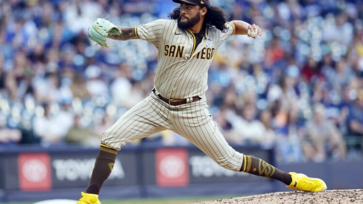 Jun 2, 2022; Milwaukee, Wisconsin, USA;  San Diego Padres pitcher Sean Manaea (55) throws a pitch during the second inning against the Milwaukee Brewers at American Family Field. Mandatory Credit: Jeff Hanisch-USA TODAY Sports