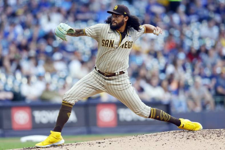 Jun 2, 2022; Milwaukee, Wisconsin, USA;  San Diego Padres pitcher Sean Manaea (55) throws a pitch during the second inning against the Milwaukee Brewers at American Family Field. Mandatory Credit: Jeff Hanisch-USA TODAY Sports