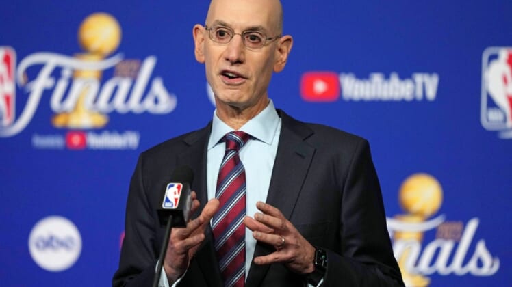 Jun 2, 2022; San Francisco, California, USA; NBA commissioner Adam Silver talks to media before game one of the 2022 NBA Finals between the Golden State Warriors and the Boston Celtics at Chase Center. Mandatory Credit: Darren Yamashita-USA TODAY Sports