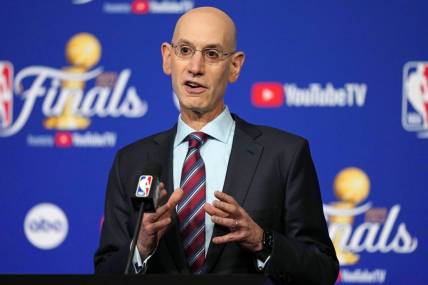 Jun 2, 2022; San Francisco, California, USA; NBA commissioner Adam Silver talks to media before game one of the 2022 NBA Finals between the Golden State Warriors and the Boston Celtics at Chase Center. Mandatory Credit: Darren Yamashita-USA TODAY Sports