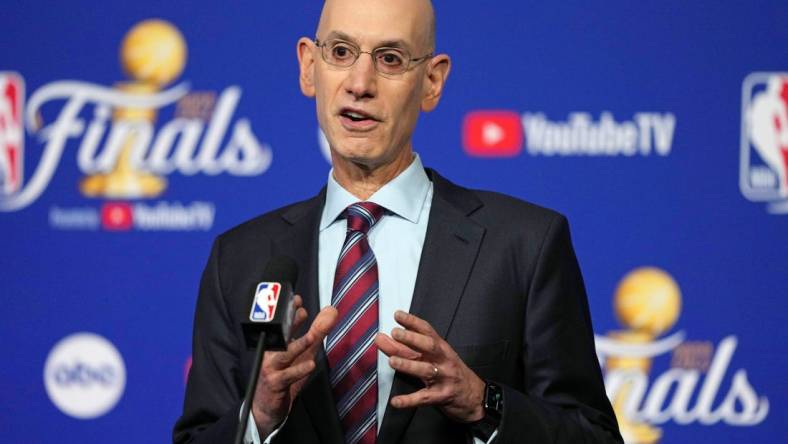 Jun 2, 2022; San Francisco, California, USA; NBA commissioner Adam Silver talks to media before game one of the 2022 NBA Finals between the Golden State Warriors and the Boston Celtics at Chase Center. Mandatory Credit: Darren Yamashita-USA TODAY Sports