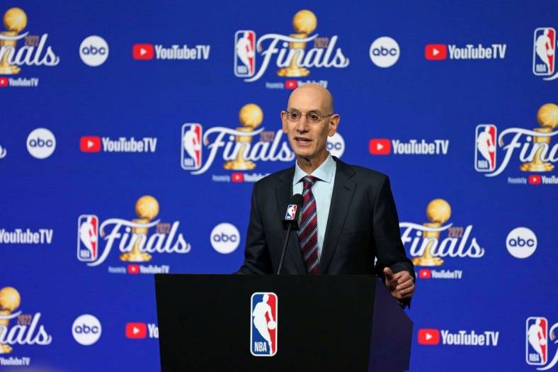 Jun 2, 2022; San Francisco, California, USA; NBA commissioner Adam Silver talks to media before game one of the 2022 NBA Finals between the Golden State Warriors and the Boston Celtics at Chase Center. Mandatory Credit: Darren Yamashita-USA TODAY Sports