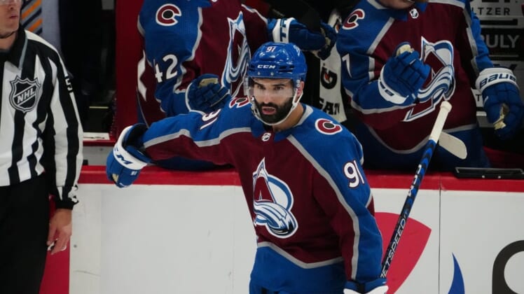 Jun 2, 2022; Denver, Colorado, USA; Colorado Avalanche center Nazem Kadri (91) following his goal scored the second period against the Edmonton Oilers of game two of the Western Conference Final of the 2022 Stanley Cup Playoffs at Ball Arena. Mandatory Credit: Ron Chenoy-USA TODAY Sports