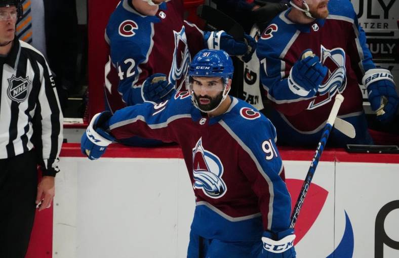 Jun 2, 2022; Denver, Colorado, USA; Colorado Avalanche center Nazem Kadri (91) following his goal scored the second period against the Edmonton Oilers of game two of the Western Conference Final of the 2022 Stanley Cup Playoffs at Ball Arena. Mandatory Credit: Ron Chenoy-USA TODAY Sports