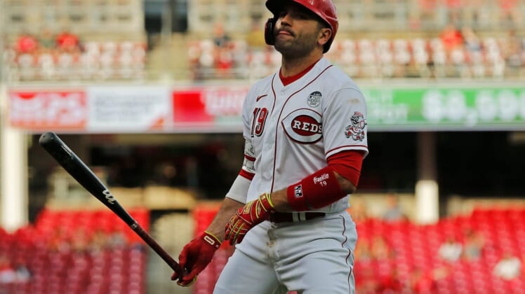 Cincinnati Reds designated hitter Joey Votto (19) walks in the third inning of the MLB National League game between the Cincinnati Reds and the Washington Nationals at Great American Ball Park in downtown Cincinnati on Thursday, June 2, 2022.Washington Nationals At Cincinnati Reds
