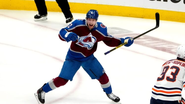 Jun 2, 2022; Denver, Colorado, USA; Colorado Avalanche left wing Artturi Lehkonen (62) celebrates his goal in the second period against the Edmonton Oilers of game two of the Western Conference Final of the 2022 Stanley Cup Playoffs at Ball Arena. Mandatory Credit: Ron Chenoy-USA TODAY Sports