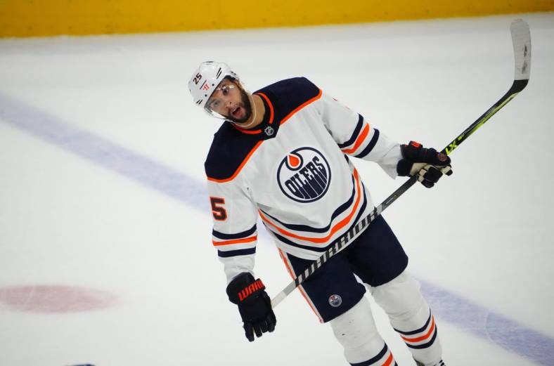 Jun 2, 2022; Denver, Colorado, USA; Edmonton Oilers defenseman Darnell Nurse (25) reacts to missing a shot on the Colorado Avalanche in the second period of game two of the Western Conference Final of the 2022 Stanley Cup Playoffs at Ball Arena. Mandatory Credit: Ron Chenoy-USA TODAY Sports