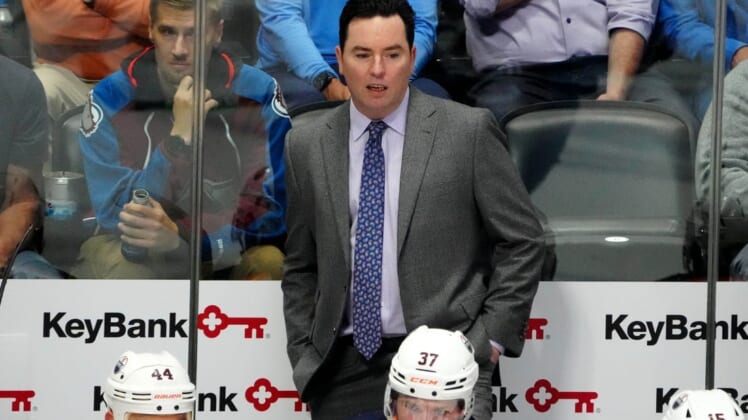 Jun 2, 2022; Denver, Colorado, USA; Edmonton Oilers head coach Jay Woodcroft on the bench in the second period against the Colorado Avalanche of game two of the Western Conference Final of the 2022 Stanley Cup Playoffs at Ball Arena. Mandatory Credit: Ron Chenoy-USA TODAY Sports