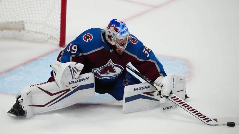 Jun 2, 2022; Denver, Colorado, USA; Colorado Avalanche goaltender Pavel Francouz (39) makes a stick save in the second period against the Edmonton Oilers of game two of the Western Conference Final of the 2022 Stanley Cup Playoffs at Ball Arena. Mandatory Credit: Ron Chenoy-USA TODAY Sports