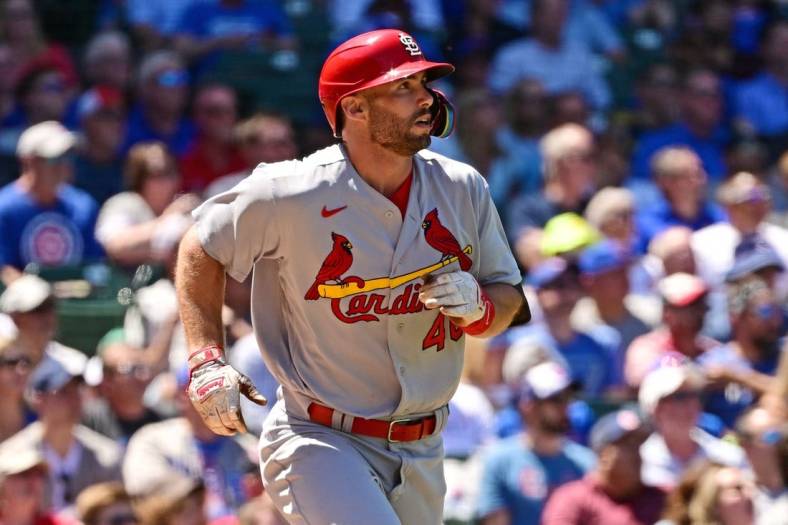 Jun 3, 2022; Chicago, Illinois, USA; St. Louis Cardinals first baseman Paul Goldschmidt (46) watches his three run home run ball in the third inning against the Chicago Cubs at Wrigley Field. Mandatory Credit: Quinn Harris-USA TODAY Sports