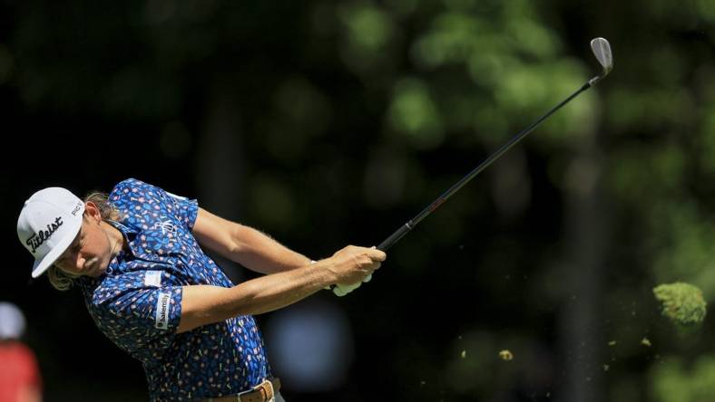 Jun 3, 2022; Dublin, Ohio, USA; Cameron Smith plays his shot from the ninth fairway during the second round of the Memorial Tournament. Mandatory Credit: Aaron Doster-USA TODAY Sports