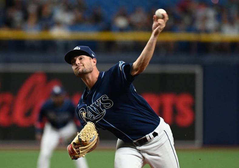 Jun 3, 2022; St. Petersburg, Florida, USA;  Tampa Bay Rays pitcher Shane McClanahan (18) throws a pitch in the first inning against the Chicago White Sox at Tropicana Field. Mandatory Credit: Jonathan Dyer-USA TODAY Sports