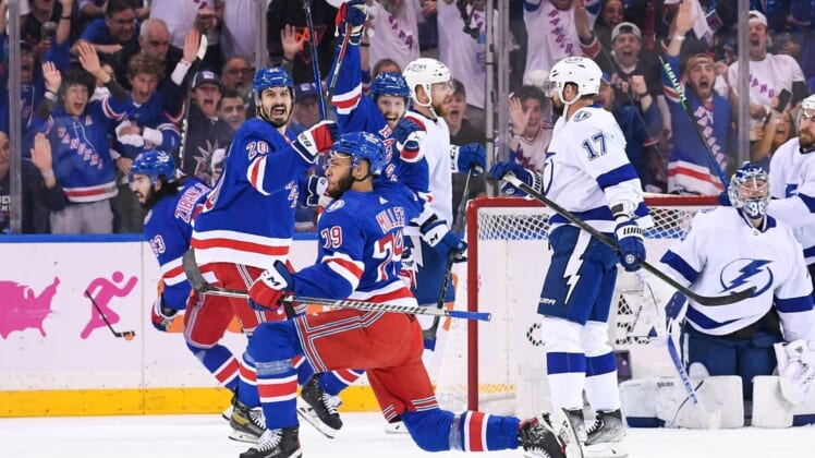 Jun 3, 2022; New York, New York, USA; New York Rangers defenseman K'Andre Miller (79) celebrates his goal against the Tampa Bay Lightning during the first period in game two of the Eastern Conference Final of the 2022 Stanley Cup Playoffs at Madison Square Garden. Mandatory Credit: Dennis Schneidler-USA TODAY Sports