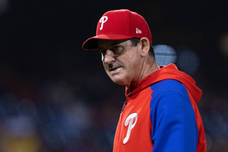 Jun 3, 2022; Philadelphia, Pennsylvania, USA; Philadelphia Phillies  interim manager Rob Thomson during the sixth inning against the Los Angeles Angels at Citizens Bank Park. Mandatory Credit: Bill Streicher-USA TODAY Sports