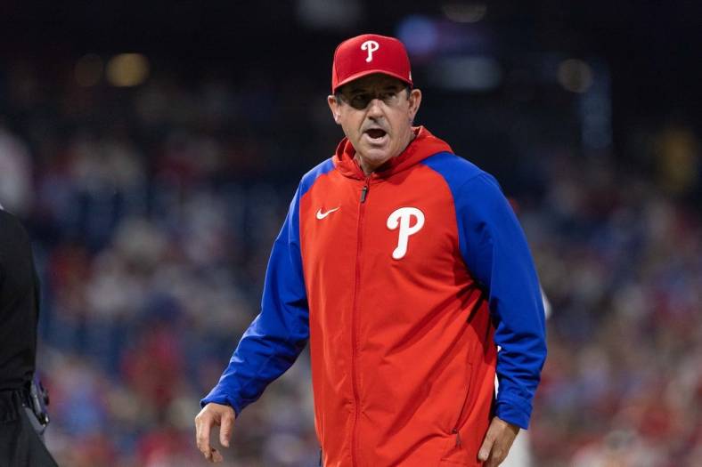 Jun 3, 2022; Philadelphia, Pennsylvania, USA; Philadelphia Phillies interim manager Rob Thomson during the sixth inning against the Los Angeles Angels at Citizens Bank Park. Mandatory Credit: Bill Streicher-USA TODAY Sports