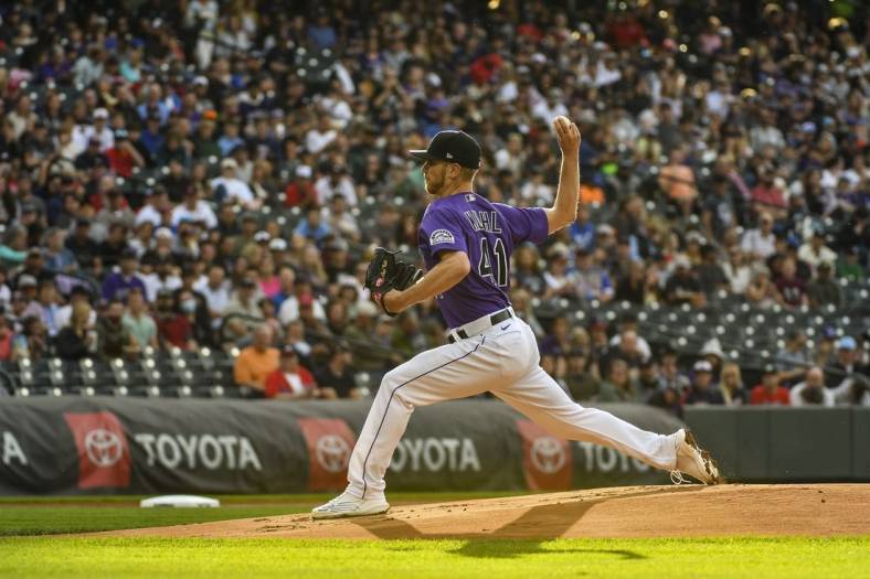 Jun 3, 2022; Denver, Colorado, USA; Colorado Rockies starting pitcher Chad Kuhl (41) delivers a pitch in the first inning against the Atlanta Braves at Coors Field. Mandatory Credit: John Leyba-USA TODAY Sports