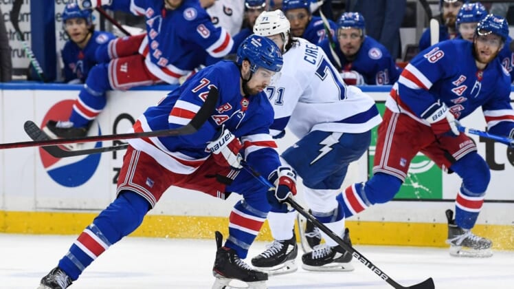 Jun 3, 2022; New York, New York, USA; New York Rangers center Filip Chytil (72) skates across the blue line against the Tampa Bay Lightning during the second period in game two of the Eastern Conference Final of the 2022 Stanley Cup Playoffs at Madison Square Garden. Mandatory Credit: Dennis Schneidler-USA TODAY Sports