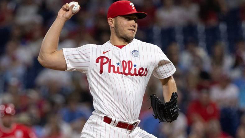 Jun 3, 2022; Philadelphia, Pennsylvania, USA; Philadelphia Phillies relief pitcher James Norwood (49) throws a pitch during the ninth inning against the Los Angeles Angels at Citizens Bank Park. Mandatory Credit: Bill Streicher-USA TODAY Sports