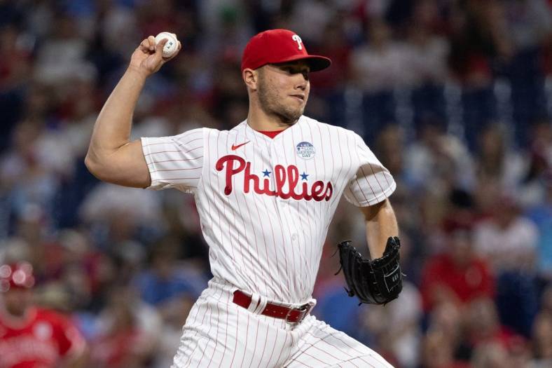 Jun 3, 2022; Philadelphia, Pennsylvania, USA; Philadelphia Phillies relief pitcher James Norwood (49) throws a pitch during the ninth inning against the Los Angeles Angels at Citizens Bank Park. Mandatory Credit: Bill Streicher-USA TODAY Sports
