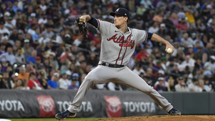 Jun 3, 2022; Denver, Colorado, USA; Atlanta Braves starting pitcher Max Fried (54) delivers a pitch in the sixth inning against the Colorado Rockies at Coors Field. Mandatory Credit: John Leyba-USA TODAY Sports