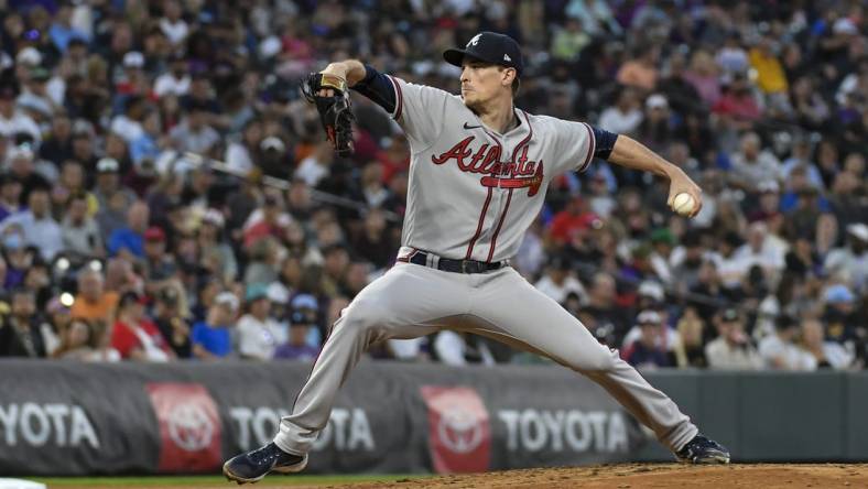 Jun 3, 2022; Denver, Colorado, USA; Atlanta Braves starting pitcher Max Fried (54) delivers a pitch in the sixth inning against the Colorado Rockies at Coors Field. Mandatory Credit: John Leyba-USA TODAY Sports