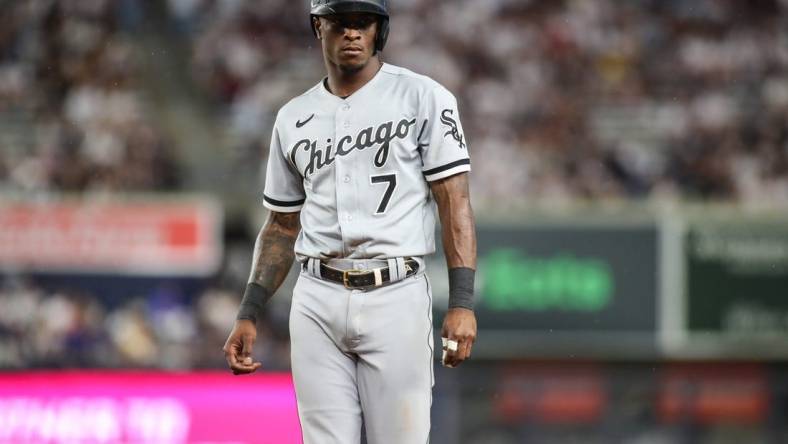 May 22, 2022; Bronx, New York, USA; Chicago White Sox shortstop Tim Anderson (7) at Yankee Stadium. Mandatory Credit: Wendell Cruz-USA TODAY Sports