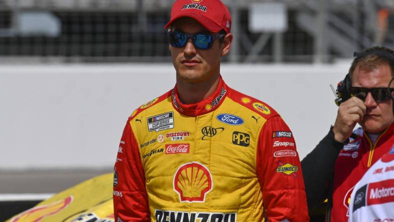 Jun 4, 2022; Madison, Illinois, USA; NASCAR Cup Series driver Joey Logano (22) looks on during Nascar Cup qualifying at World Wide Technology Raceway at Gateway. Mandatory Credit: Joe Puetz-USA TODAY Sports