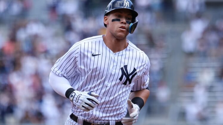 Jun 4, 2022; Bronx, New York, USA; New York Yankees right fielder Aaron Judge (99) runs the bases after hitting a home run against the Detroit Tigers during the first inning at Yankee Stadium. Mandatory Credit: Jessica Alcheh-USA TODAY Sports