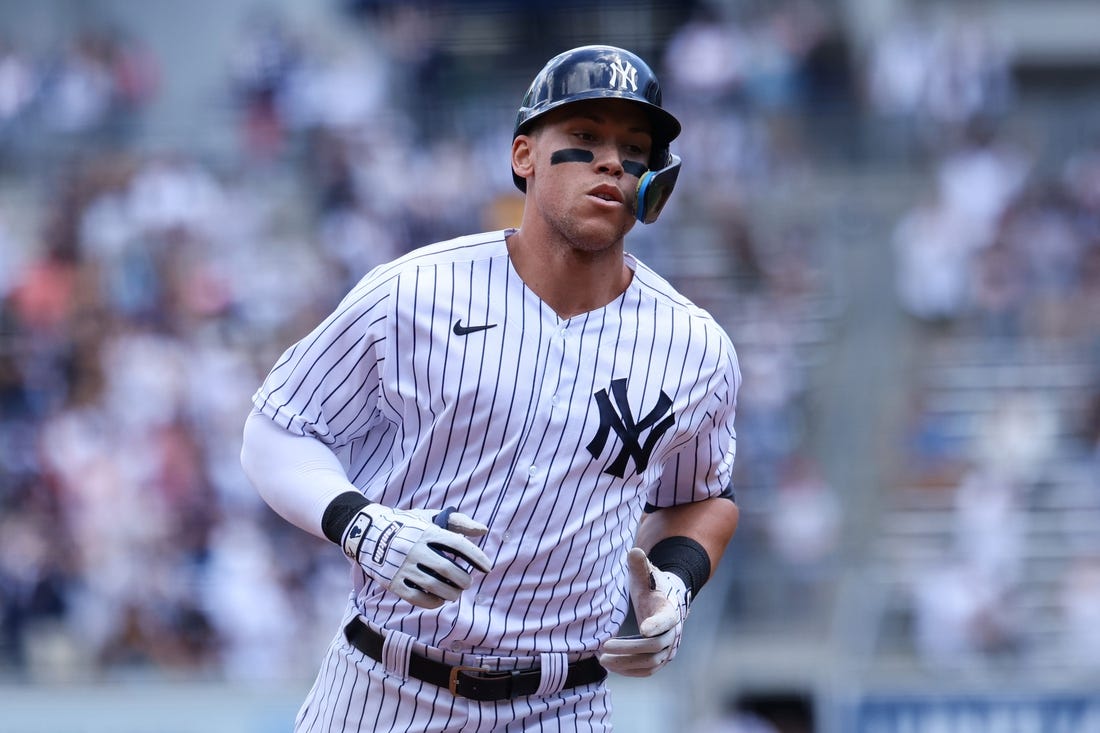 Jun 4, 2022; Bronx, New York, USA; New York Yankees right fielder Aaron Judge (99) runs the bases after hitting a home run against the Detroit Tigers during the first inning at Yankee Stadium. Mandatory Credit: Jessica Alcheh-USA TODAY Sports