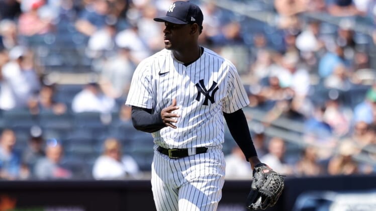 Jun 4, 2022; Bronx, New York, USA; New York Yankees starting pitcher Luis Severino (40) reacts to a strikeout to end the sixth inning against the Detroit Tigers at Yankee Stadium. Mandatory Credit: Jessica Alcheh-USA TODAY Sports