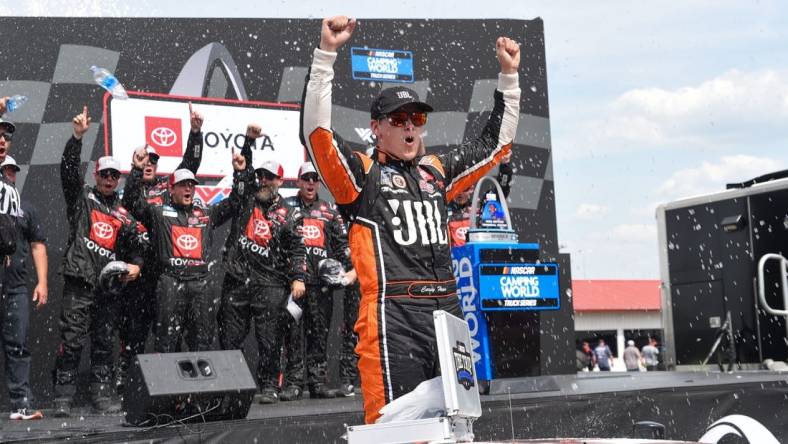 Jun 4, 2022; Madison, Illinois, USA; Camping World Truck Series driver Corey Heim (51) reacts after winning the 9th Annual Toyota 200 at World Wide Technology Raceway at Gateway. Mandatory Credit: Joe Puetz-USA TODAY Sports