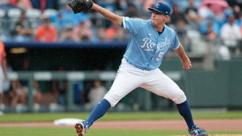 Jun 4, 2022; Kansas City, Missouri, USA; Kansas City Royals starting pitcher Kris Bubic (50) pitching against the Houston Astros during the first inning at Kauffman Stadium. Mandatory Credit: William Purnell-USA TODAY Sports