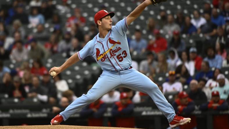 Jun 4, 2022; Chicago, Illinois, USA;  St. Louis Cardinals starting pitcher Andre Pallante (53) delivers against the Chicago Cubs during the first inning at Wrigley Field. Mandatory Credit: Matt Marton-USA TODAY Sports