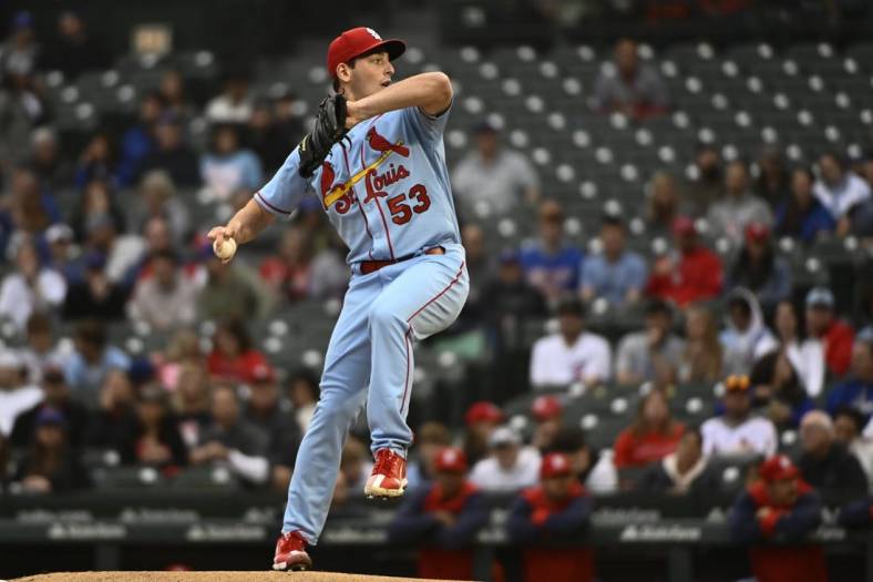 Jun 4, 2022; Chicago, Illinois, USA;  St. Louis Cardinals starting pitcher Andre Pallante (53) delivers against the Chicago Cubs during the first inning at Wrigley Field. Mandatory Credit: Matt Marton-USA TODAY Sports