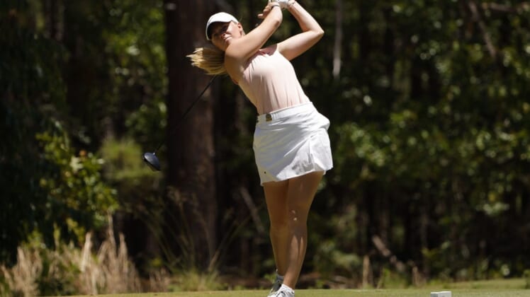 Jun 4, 2022; Southern Pines, North Carolina, USA; Frida Kinhult gestures after hitting her tee shot on the twelfth hole during the third round of the U.S. Women's Open. Mandatory Credit: Geoff Burke-USA TODAY Sports