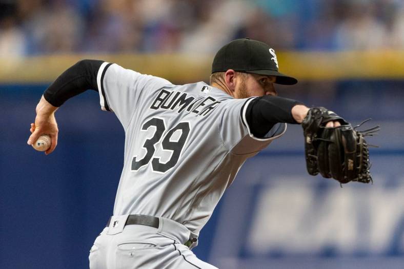 Jun 4, 2022; St. Petersburg, Florida, USA;  Chicago White Sox relief pitcher Aaron Bummer (39) throws against the Tampa Bay Rays in the sixth inning at Tropicana Field. Mandatory Credit: Nathan Ray Seebeck-USA TODAY Sports