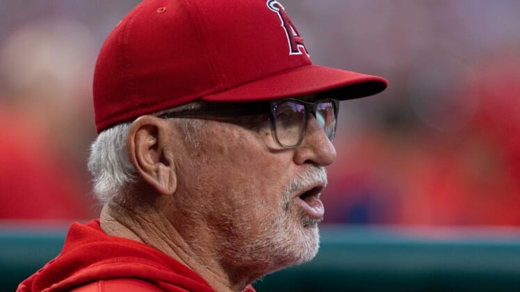 Jun 4, 2022; Philadelphia, Pennsylvania, USA; Los Angeles Angels manager Joe Maddon looks on during the second inning against the Philadelphia Phillies at Citizens Bank Park. Mandatory Credit: Bill Streicher-USA TODAY Sports